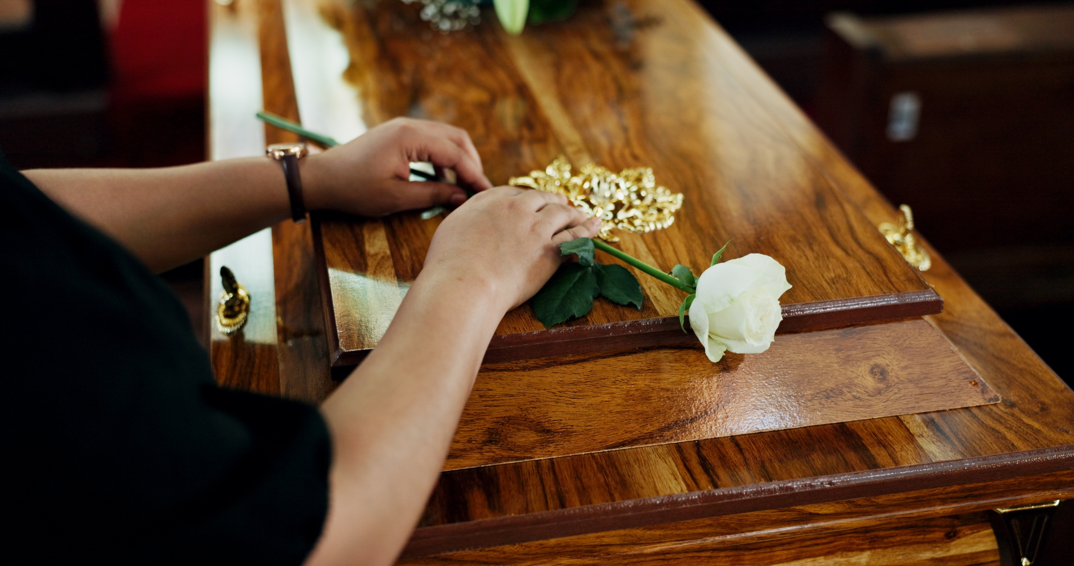 Funeral celebrant service on the Sunshine Coast — a hand placing a white rose on a wooden casket